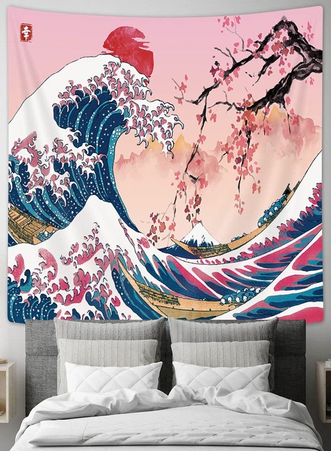 MERCHR Pink & Red Sun Cherry Blossom Wall Tapestry, Ocean Wave & Mountain Scene - Asian Anime Design for Bedroom, 60 x 40 Inches - Image 1